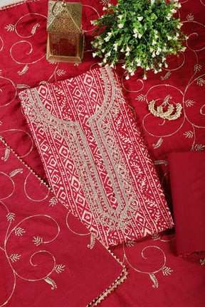 Fuchsia Red Cotton Digital Printed & Neck Embroidered Unstitched Suit