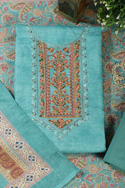 Seagreen Linen Cotton Resham Embroidered Unstitched Suit