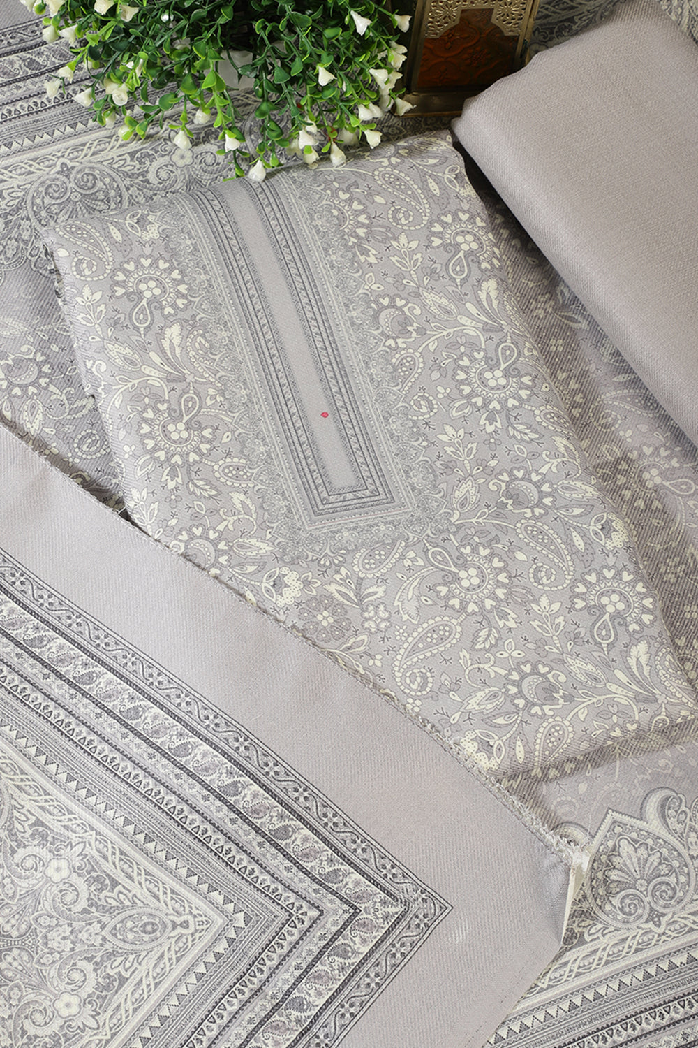 Light Grey Digital Printed Pashmina Unstitched Suit Material