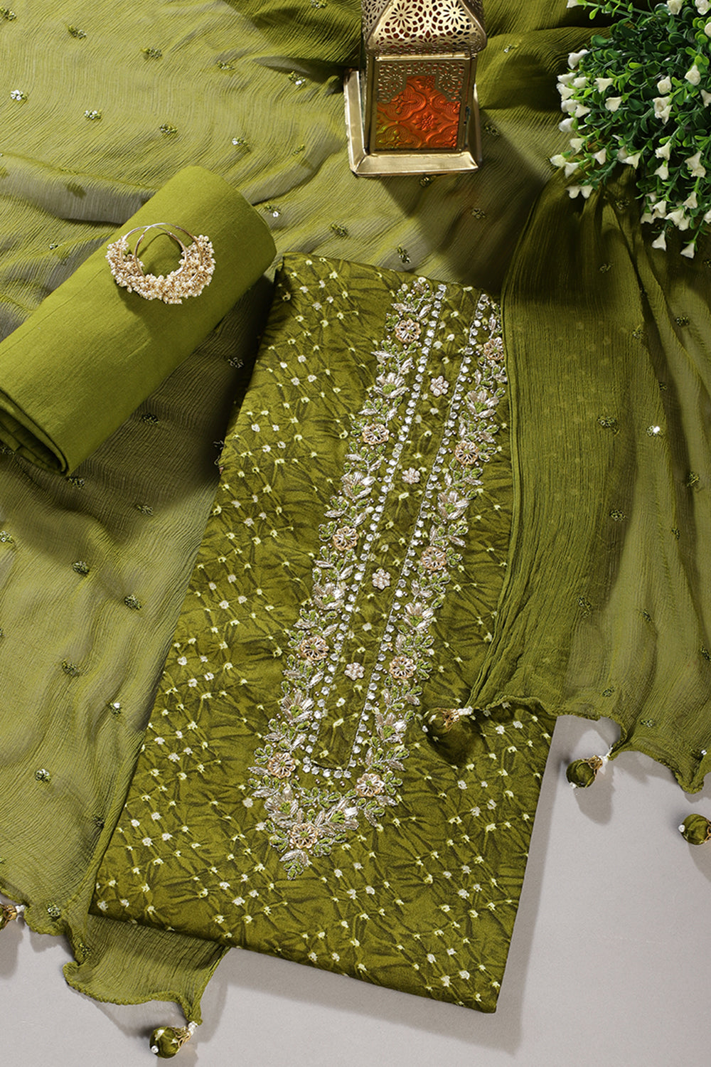 Olive Green Cotton Neck Zardozi Embroidered & Shibori Printed Unstitched Suit Fabric