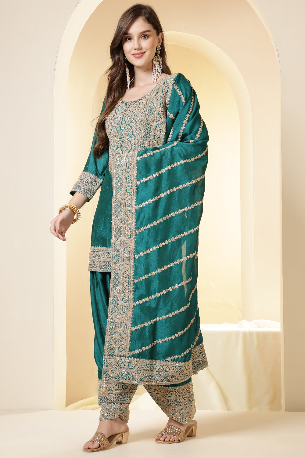 Teal Silk Zari Embroidered Suit With Farsi Salwar