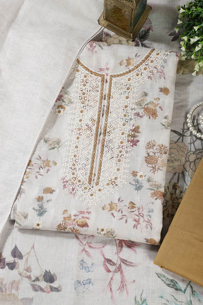 Cream & Fawn Chanderi Cotton Floral Printed And Embroidered Unstitched Suit