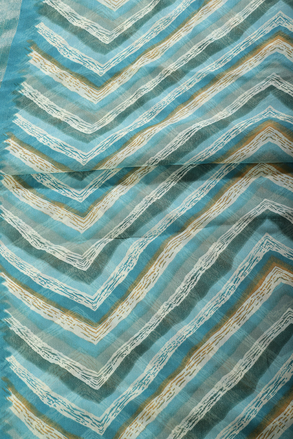 Teal Blue Chiffon Lehariya Printed Saree