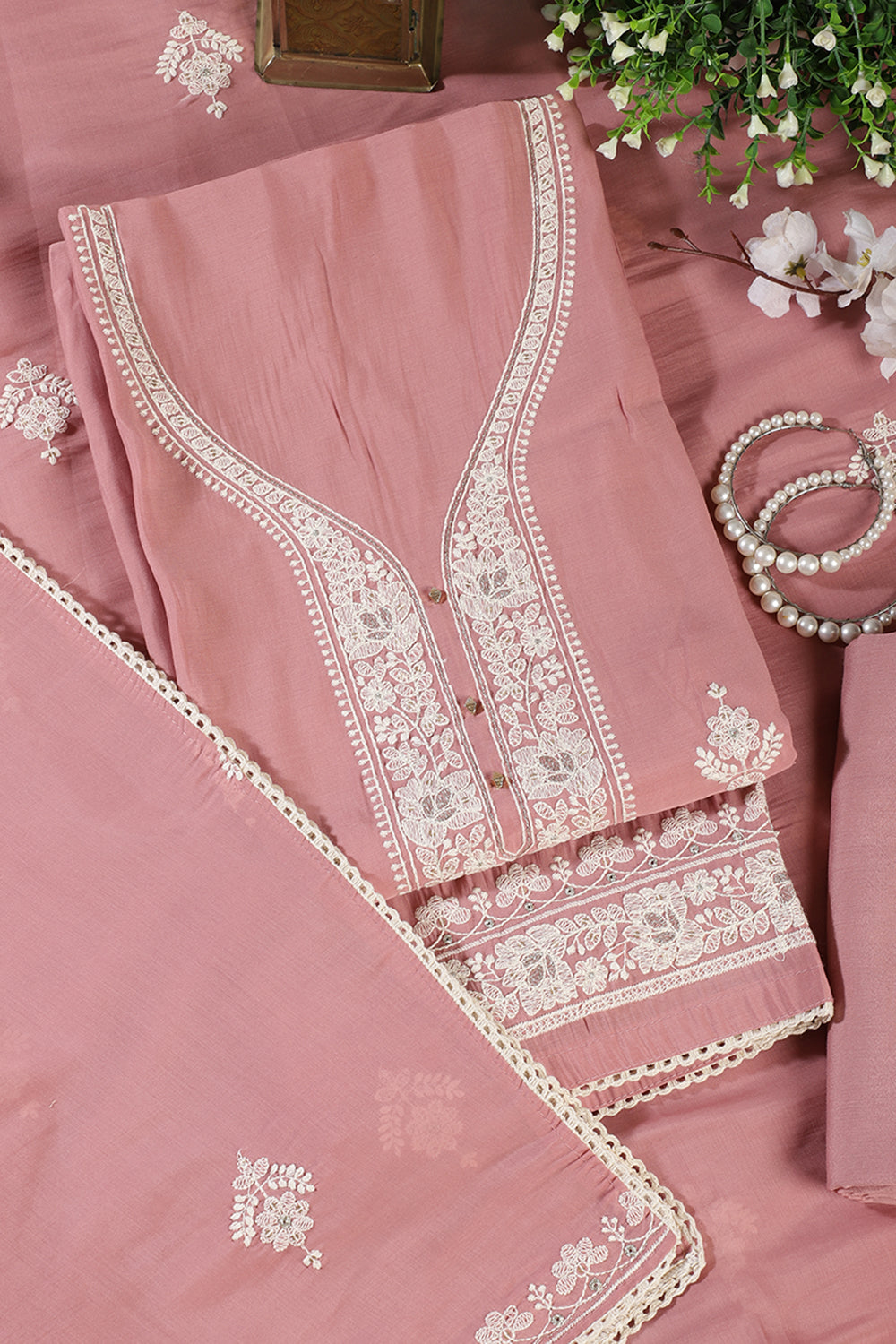 Dusty Pink Muslin Resham Embroidered Unstitched Suit Material