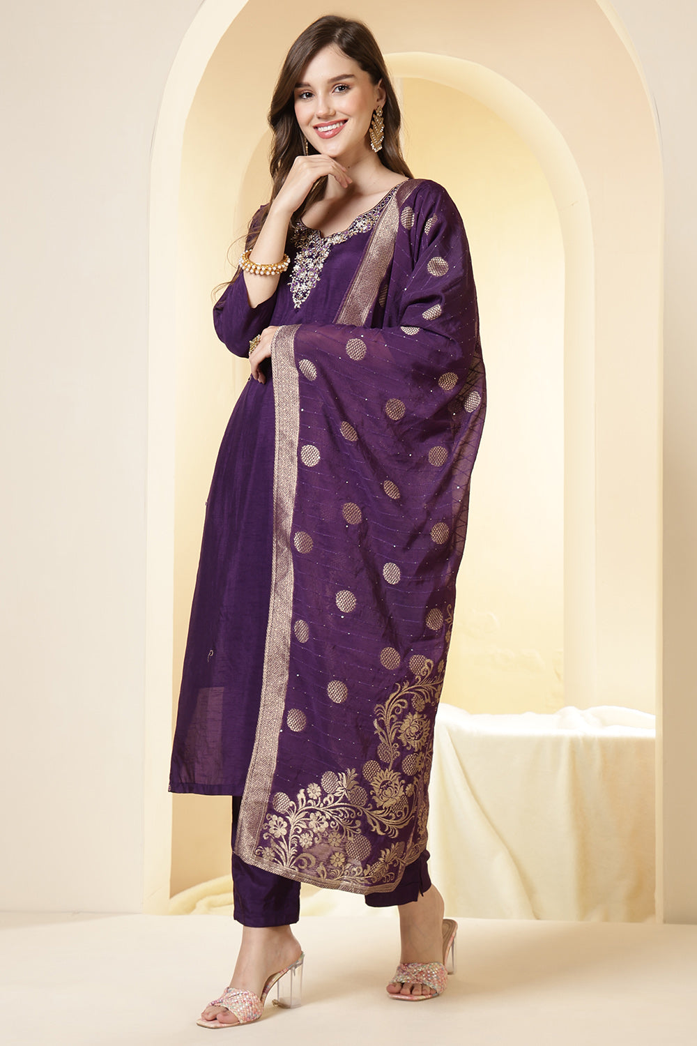 Purple Color Silk Neck Embroidered Suit Set