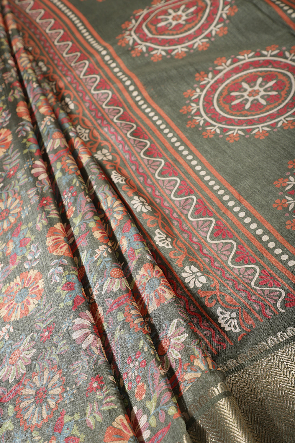 Mehandi Colour Floral Printed Cotton Silk Saree