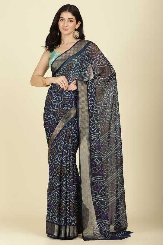 Navy Color Chiffon Bandhani Printed Saree