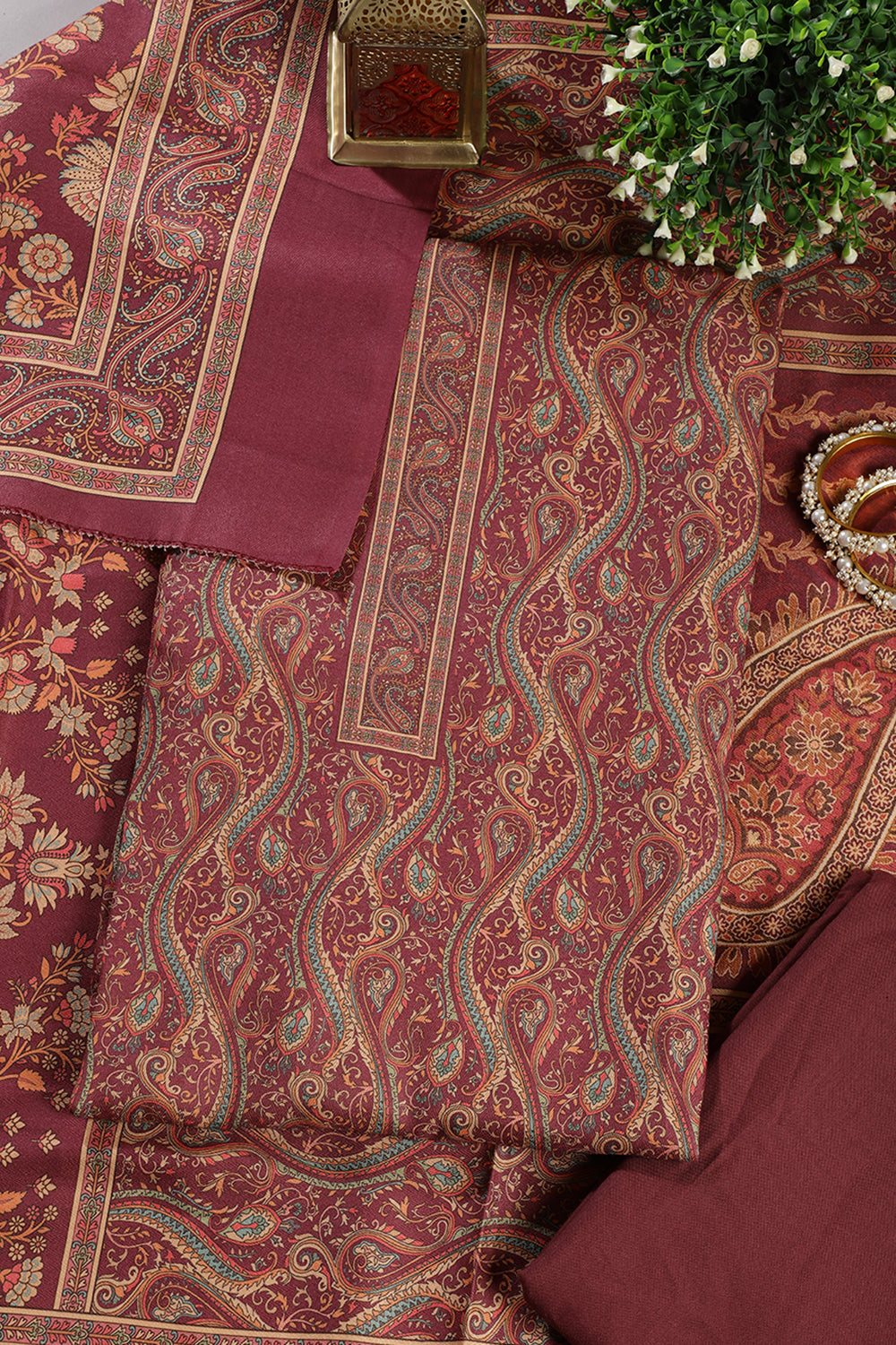 Wine Color Pashmina Digital Printed Unstitched Suit Material