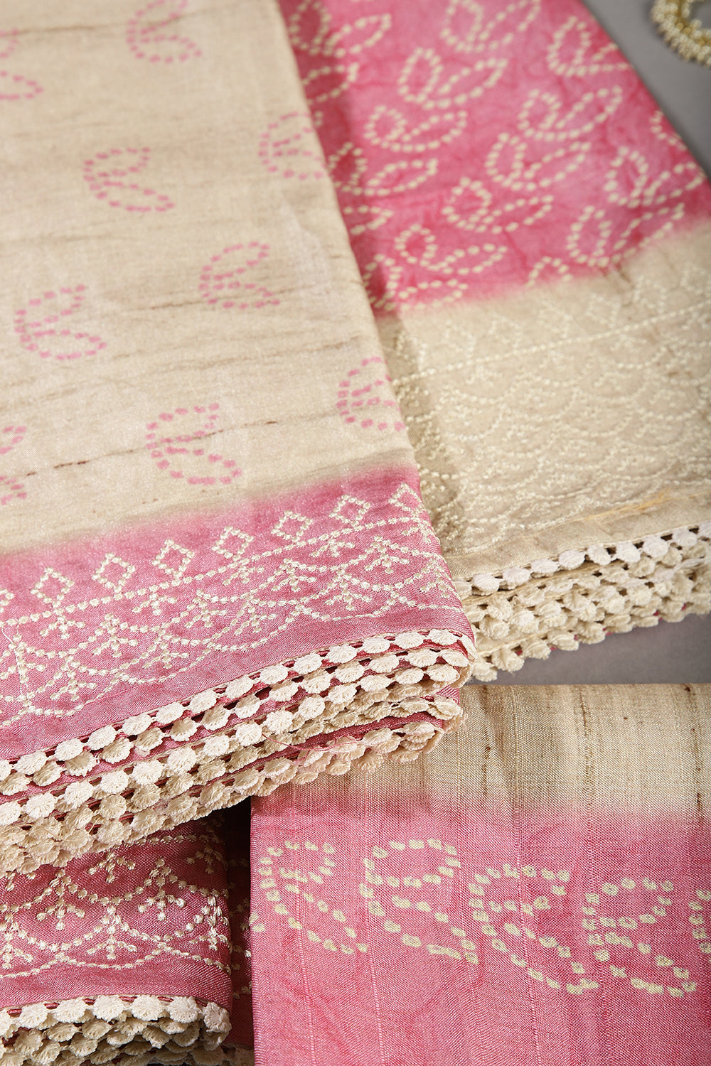 Pink Color Tussar Silk Bandhani Printed Unstitched Suit Material