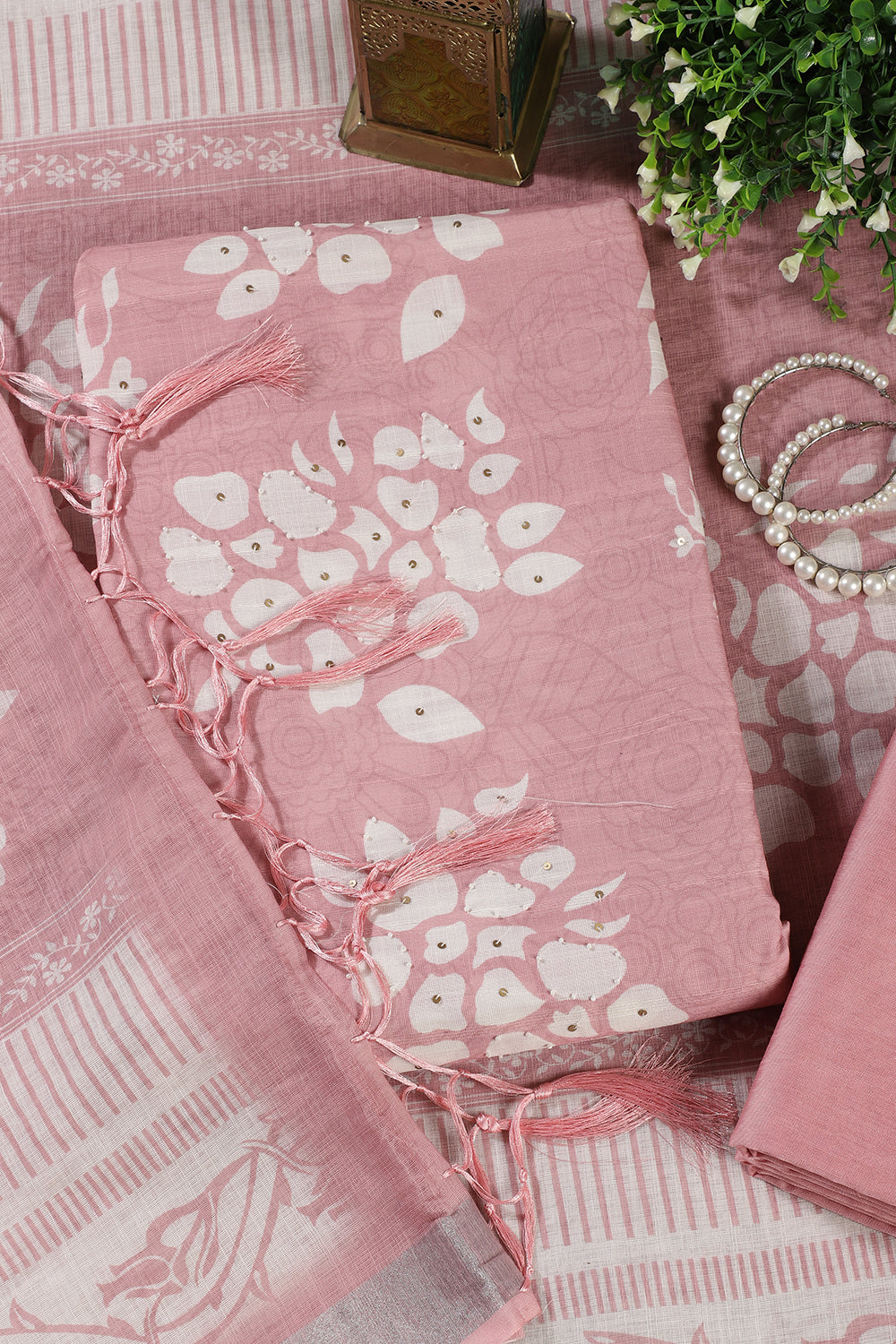 Pink Color Printed Linen Cotton Unstitched Suits