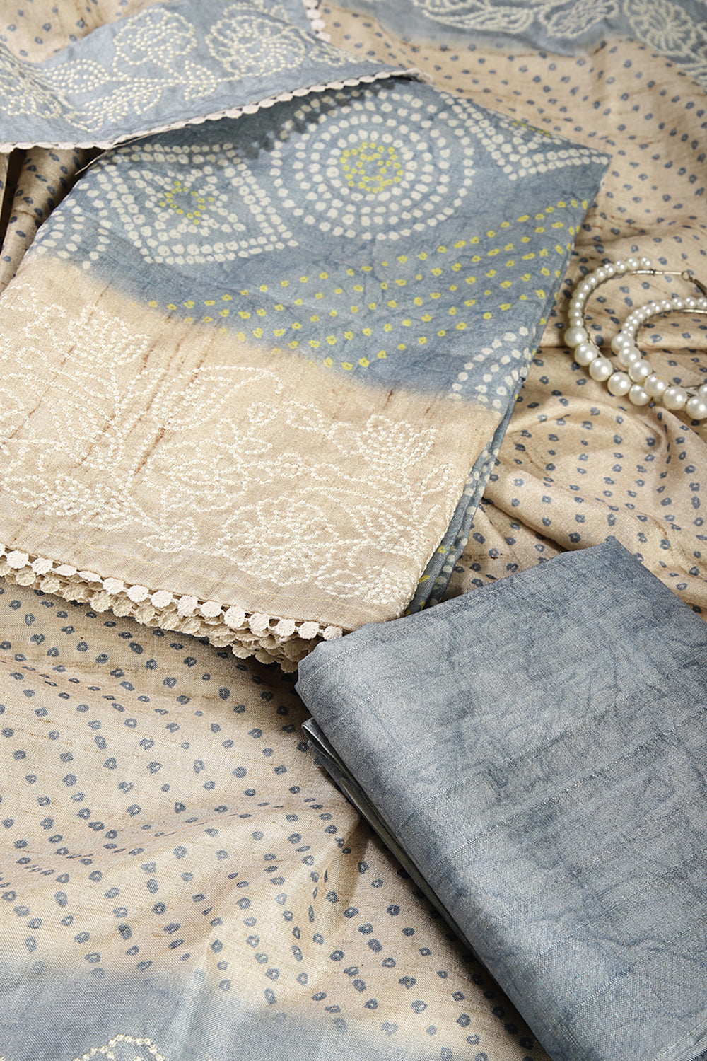 Grey Color Tussar Silk Bandhani Printed Unstitched Suit Material