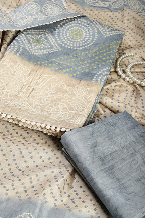 Grey Color Tussar Silk Bandhani Printed Unstitched Suit Material