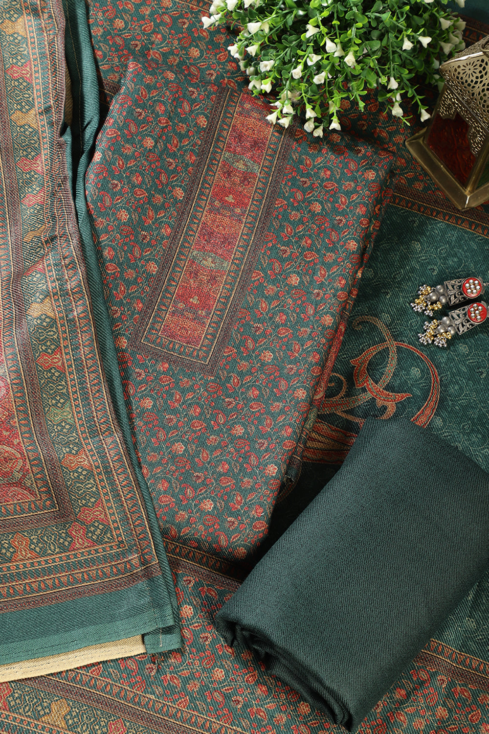 Green Pashmina Floral Printed Unstitched Suit Material