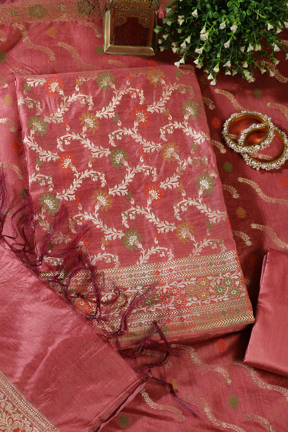 Pastel Coral Chanderi Silk Resham And Zari Woven Unstitched Suit Material