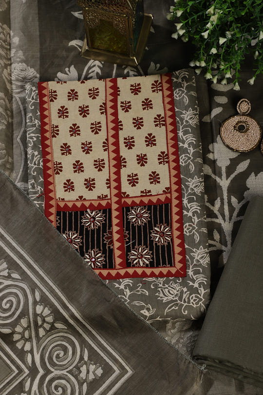 Greyish Green Mirror Work And Printed Cotton Unstitched Suit Material