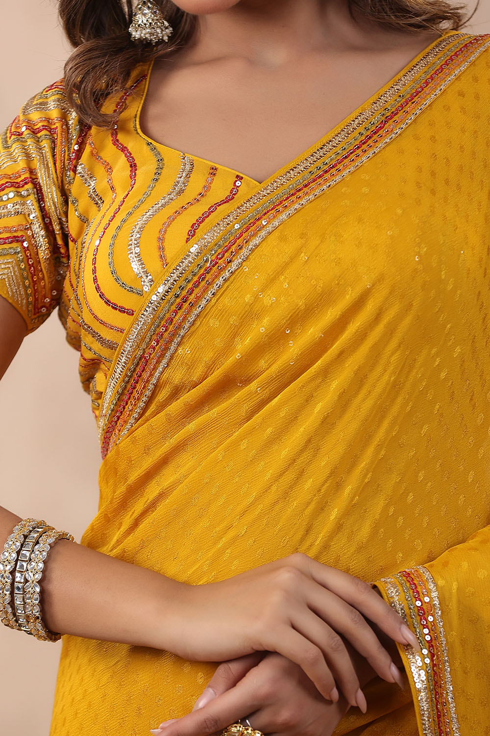 Mustard Color Jacquard Crepe Woven Saree With Readymade Blouse