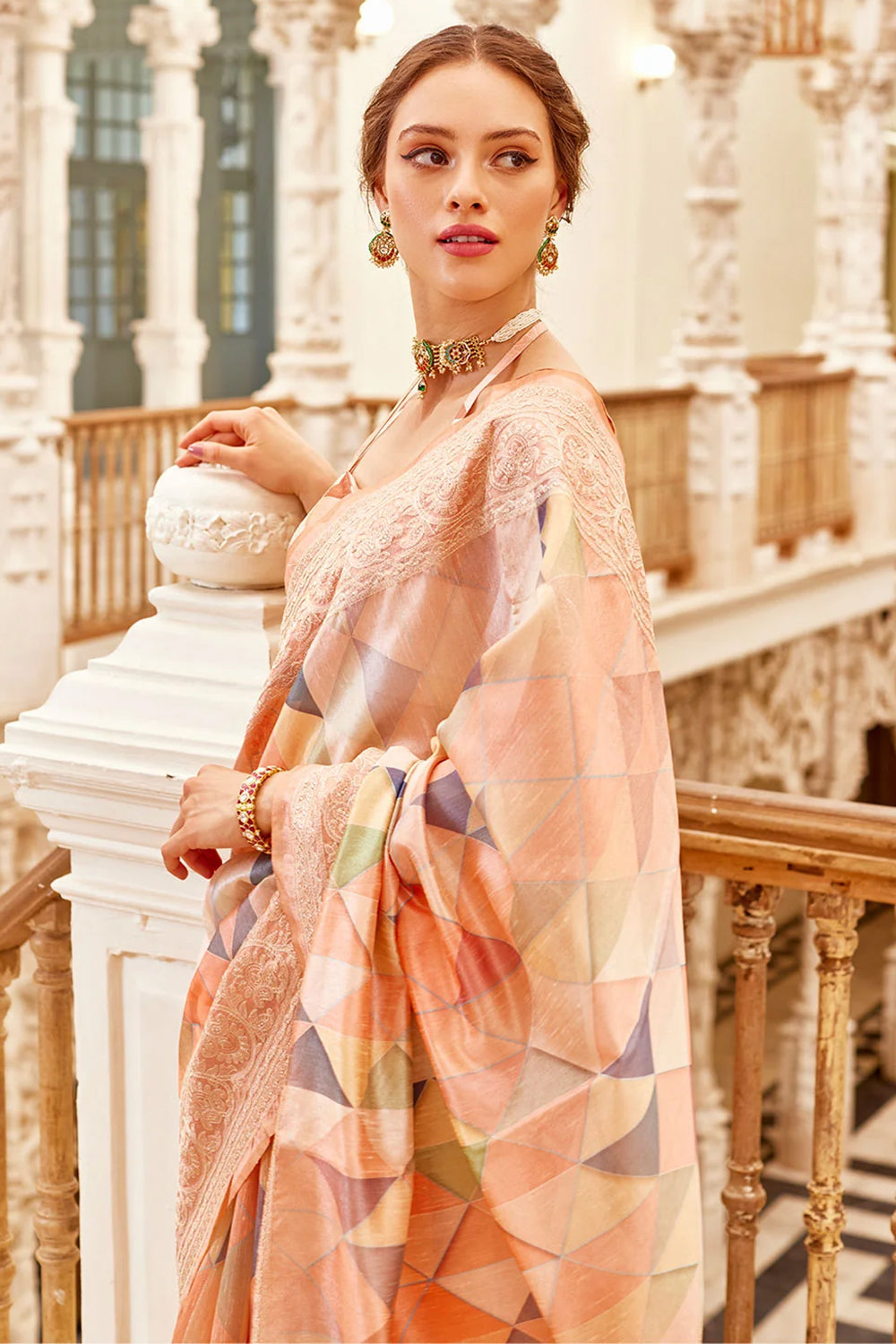 Peach Color Tussar Silk Printed Saree