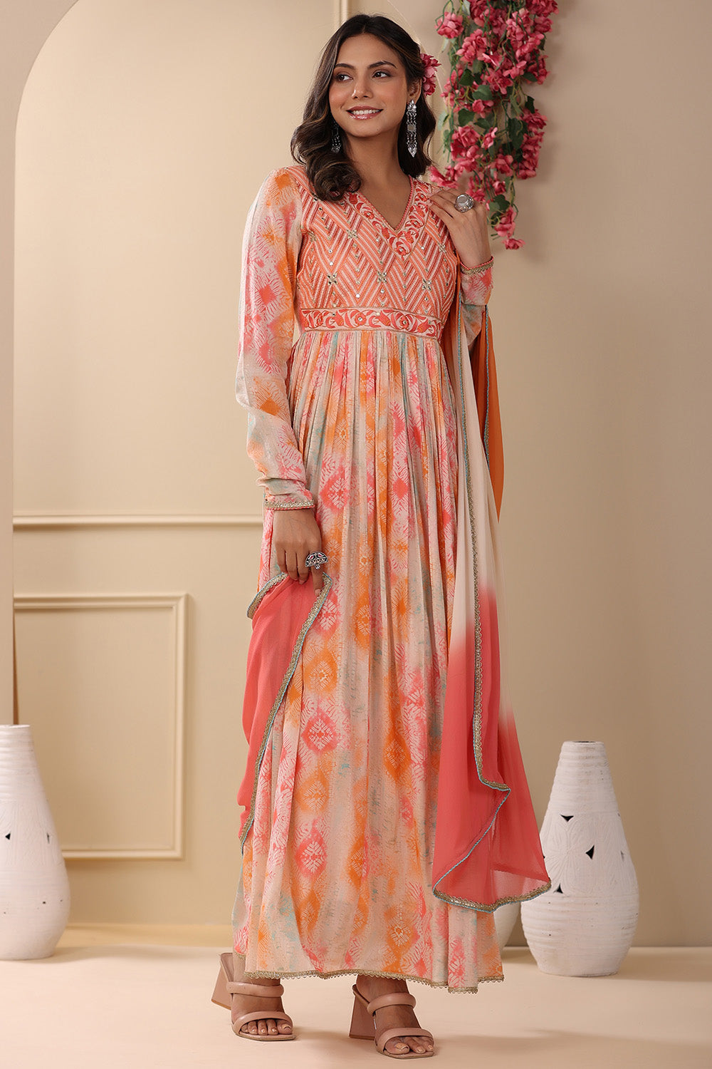 Orange Color Printed Anarkali Kurti With Duapatta