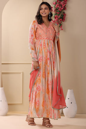 Orange Color Printed Anarkali Kurti With Duapatta