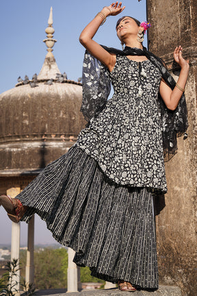 Black Color Cotton Printed Peplum Sharara Suit