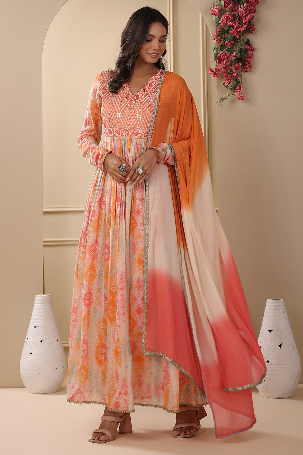 Orange Color Printed Anarkali Kurti With Duapatta