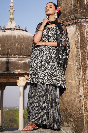Black Color Cotton Printed Peplum Sharara Suit