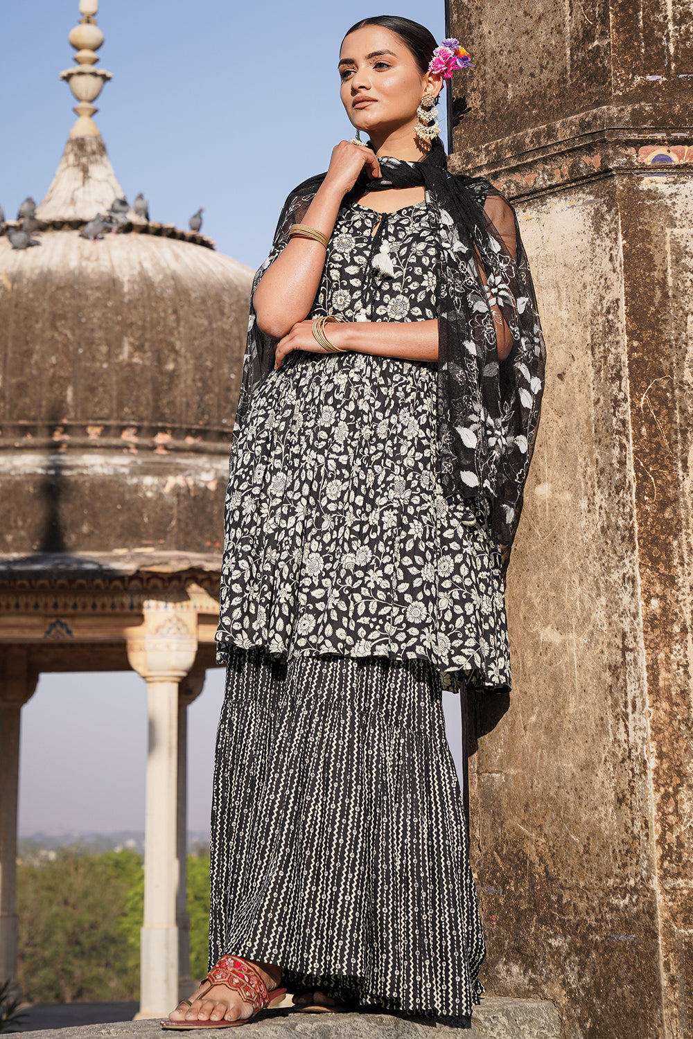Black Color Cotton Printed Peplum Sharara Suit
