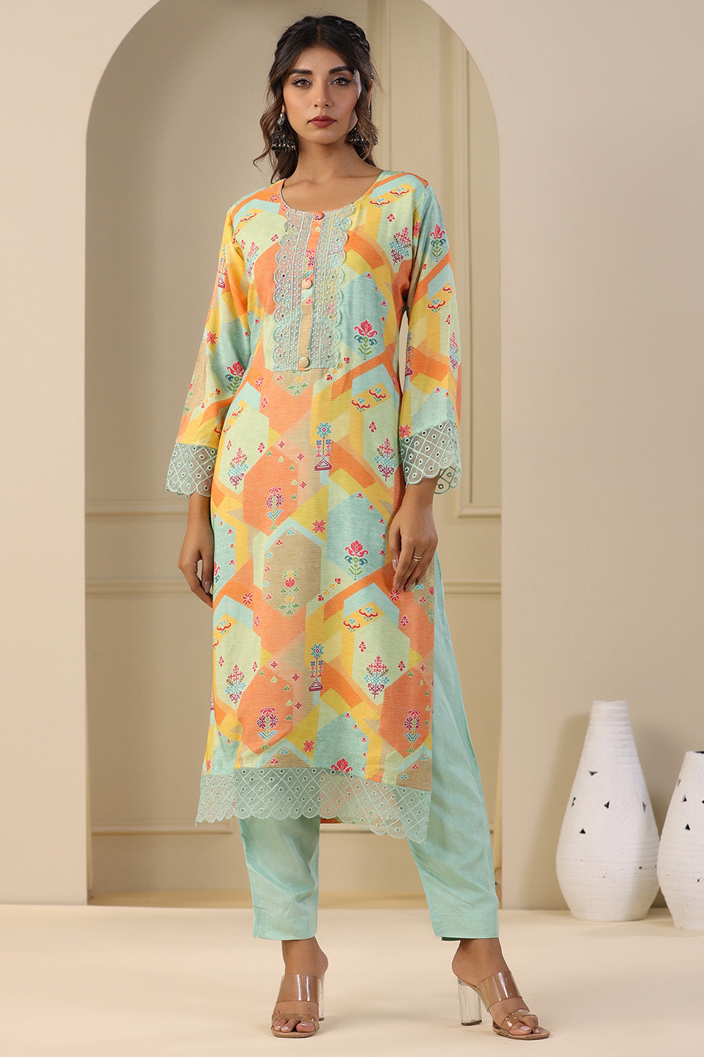 Sea Green Colour Muslin Printed Suit
