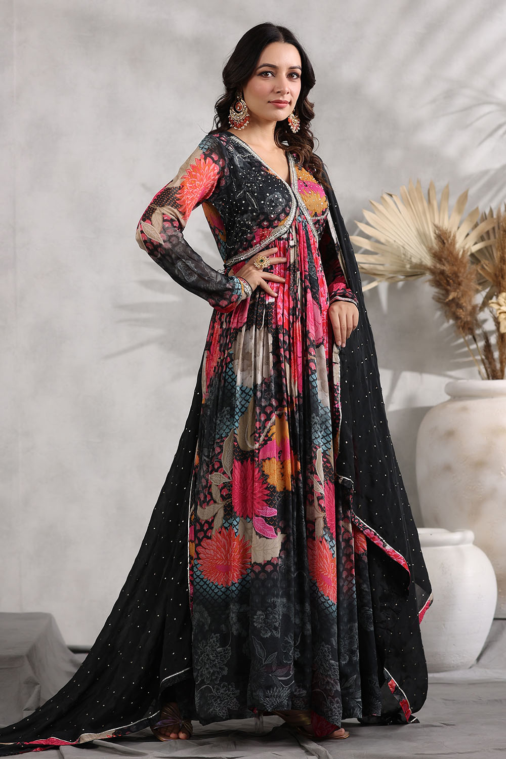 Black Color Crepe Alia-Cut Printed Anarkali Suit