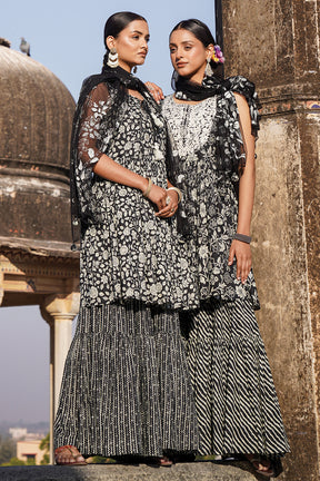 Black Color Cotton Printed Peplum Sharara Suit