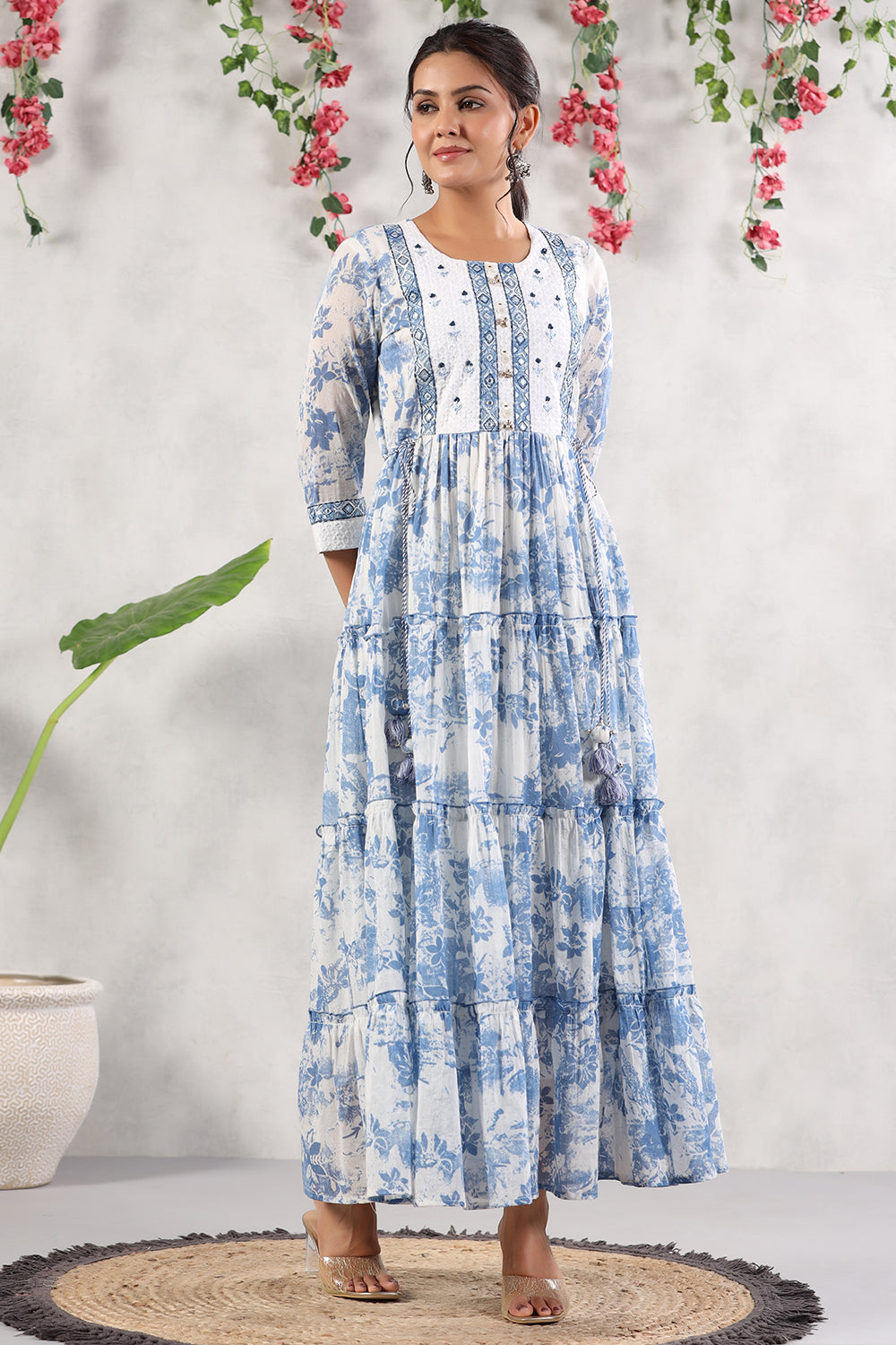 White & Blue Color Printed Cotton Anarkali Kurti