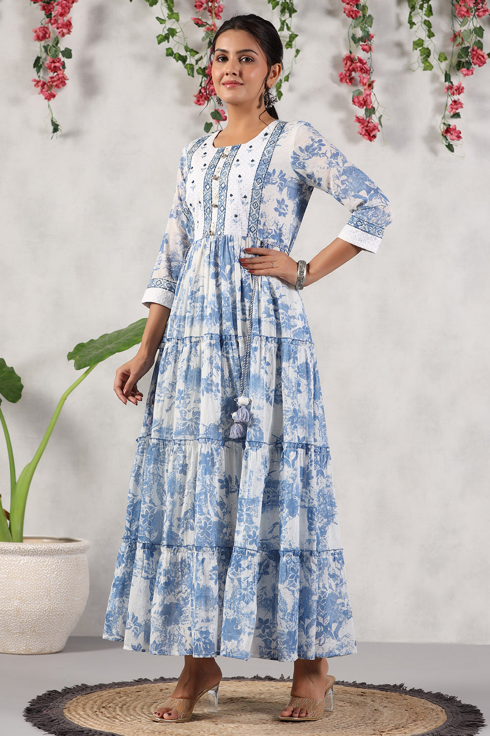 White & Blue Color Printed Cotton Anarkali Kurti