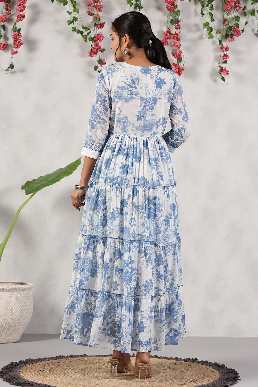 White & Blue Color Printed Cotton Anarkali Kurti