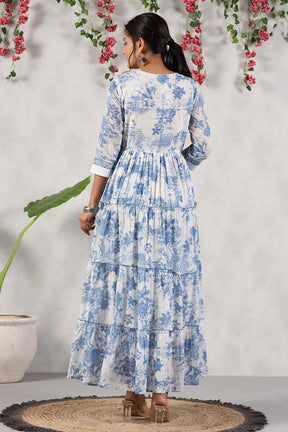 White & Blue Color Printed Cotton Anarkali Kurti