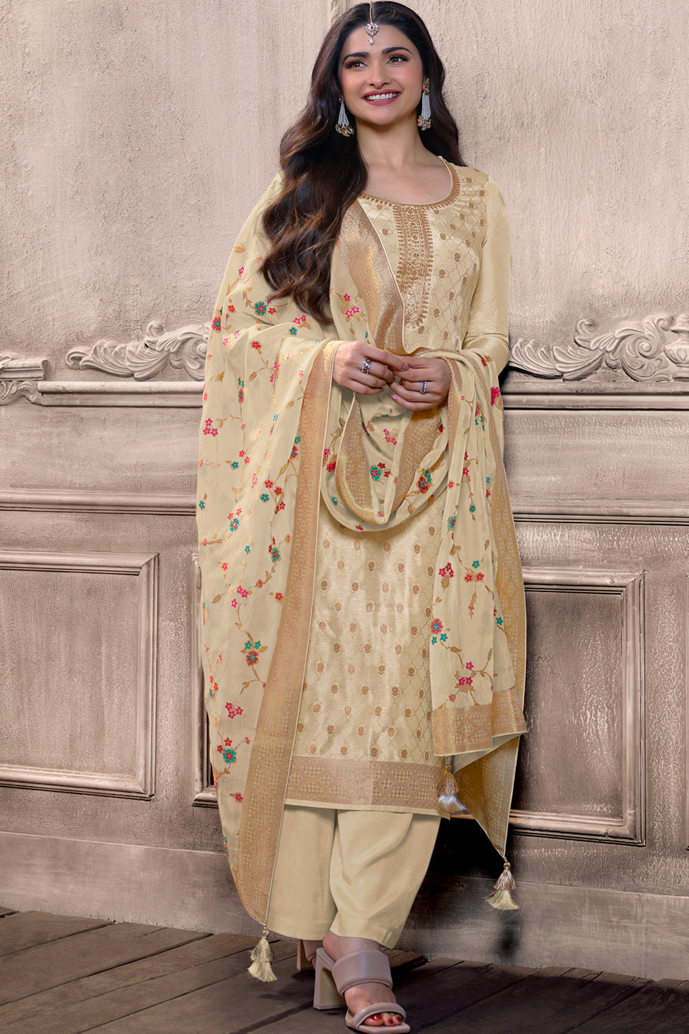 Beige Color Silk Woven Unstitched Suit Material