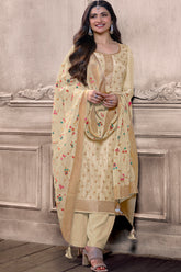 Beige Color Silk Woven Unstitched Suit Material