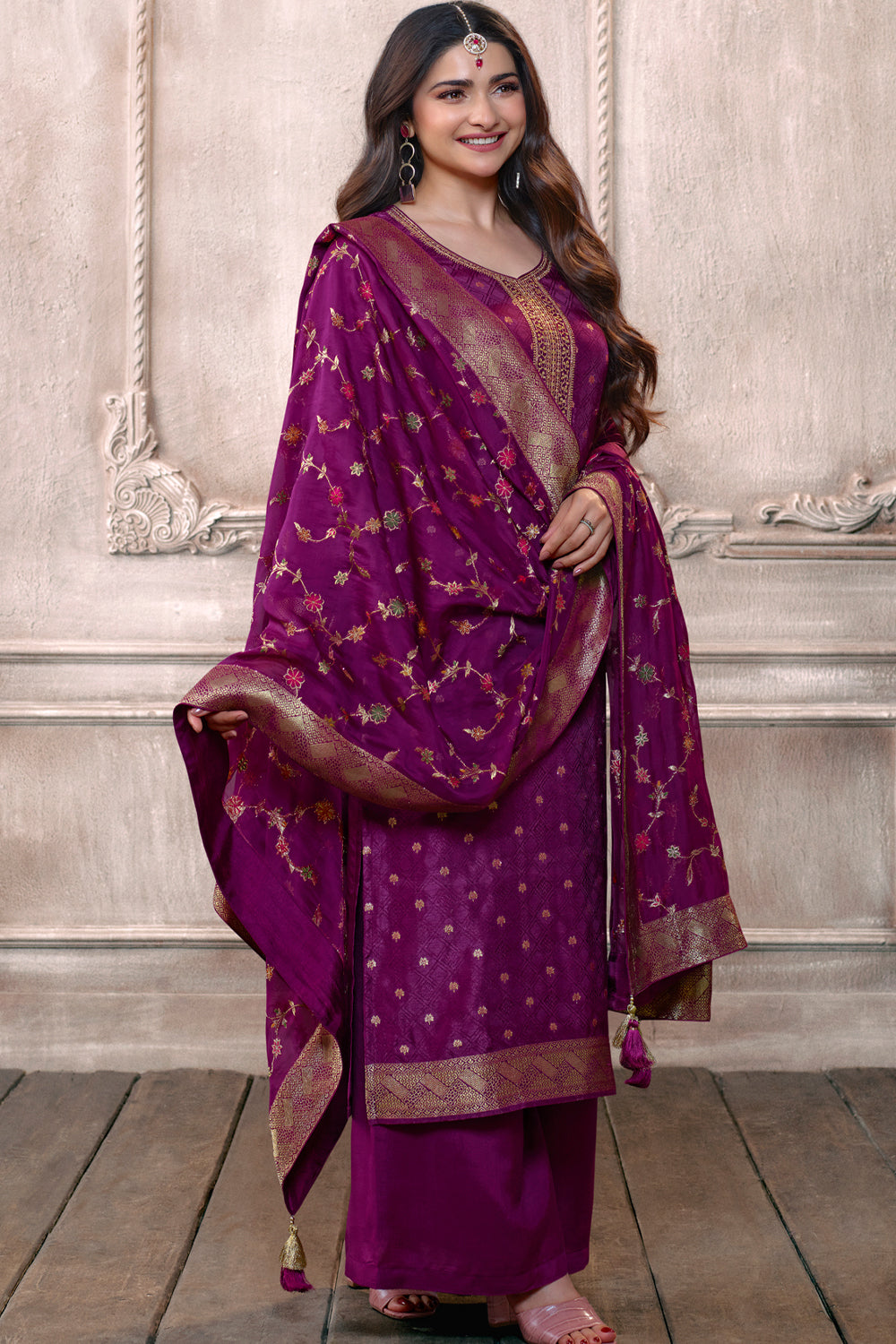 Dark Scarlet Color Silk Woven Unstitched Suit Material.