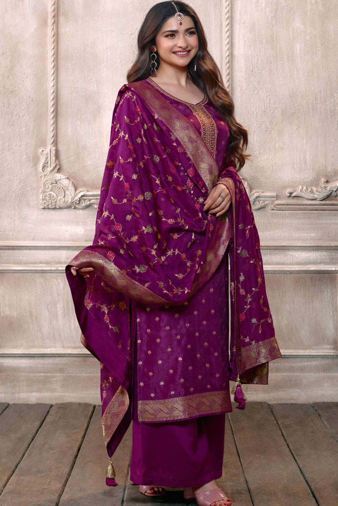 Dark Scarlet Color Silk Woven Unstitched Suit Material.