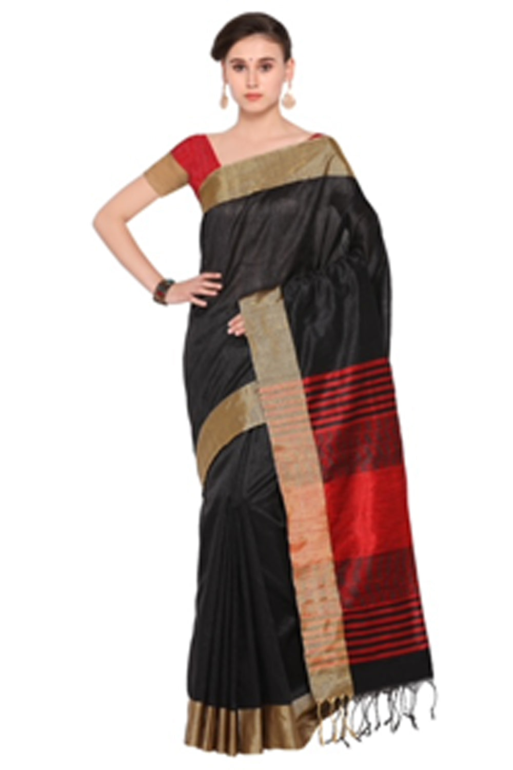 Black & Red Colour Silk  Woven Saree