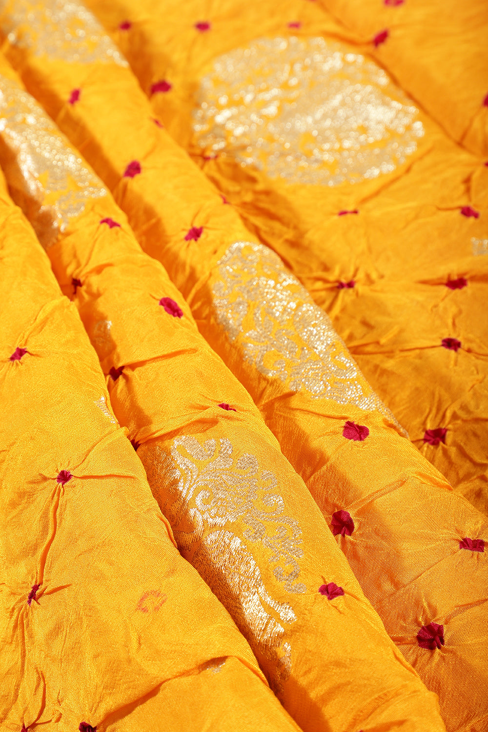 Mustard Color Bandhej Modal Silk Zari Woven Saree
