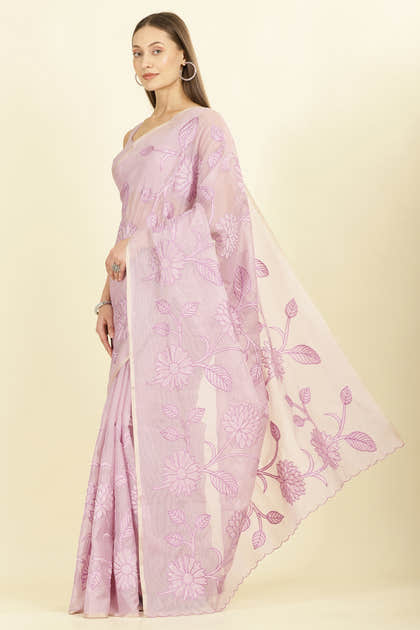 Lavender Cotton Floral Resham Embroidered Saree