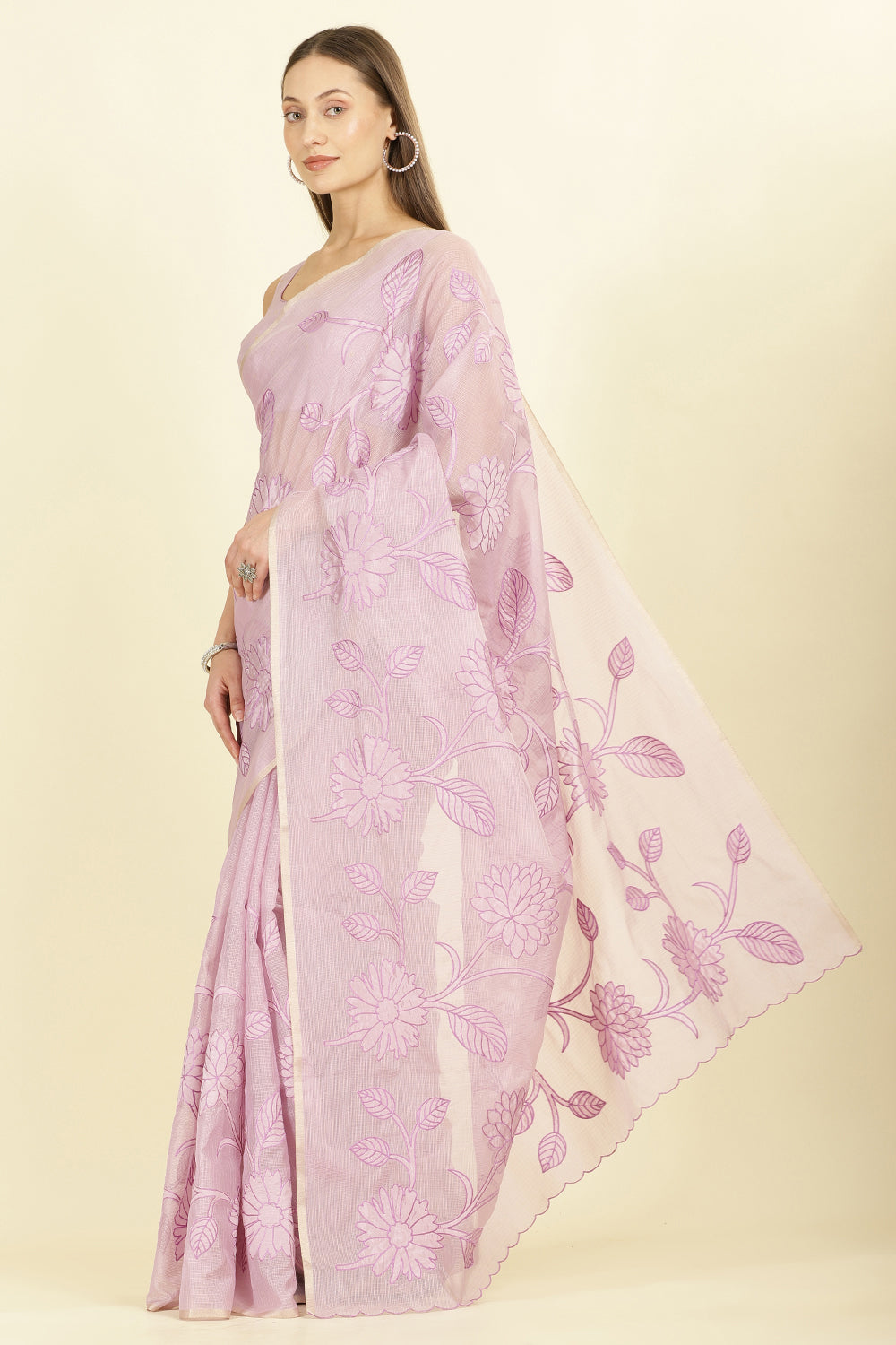 Lavender Cotton Floral Resham Embroidered Saree