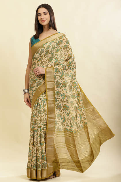 Beige & Olive Green Cotton Silk Floral Printed Saree