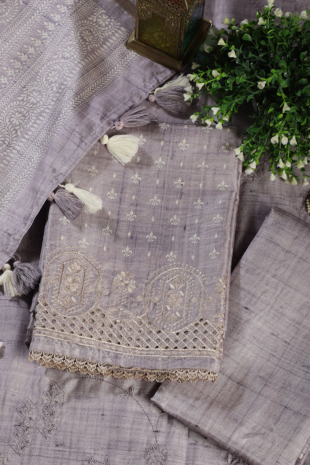 Lavender Tussar Cotton Printed And Reham Embroidered Unstiched Suit Material