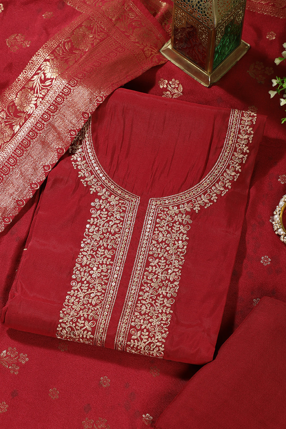 Maroon Silk Neck Zari Embroidered Unstitched Suit Material