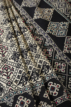 Cream & Black Silk Printed And Hand-Knot Work Saree
