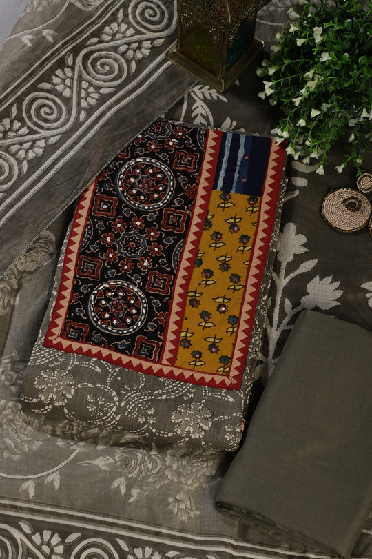 Greyish Green Cotton Printed and Mirror Work Unstitched Suit Material