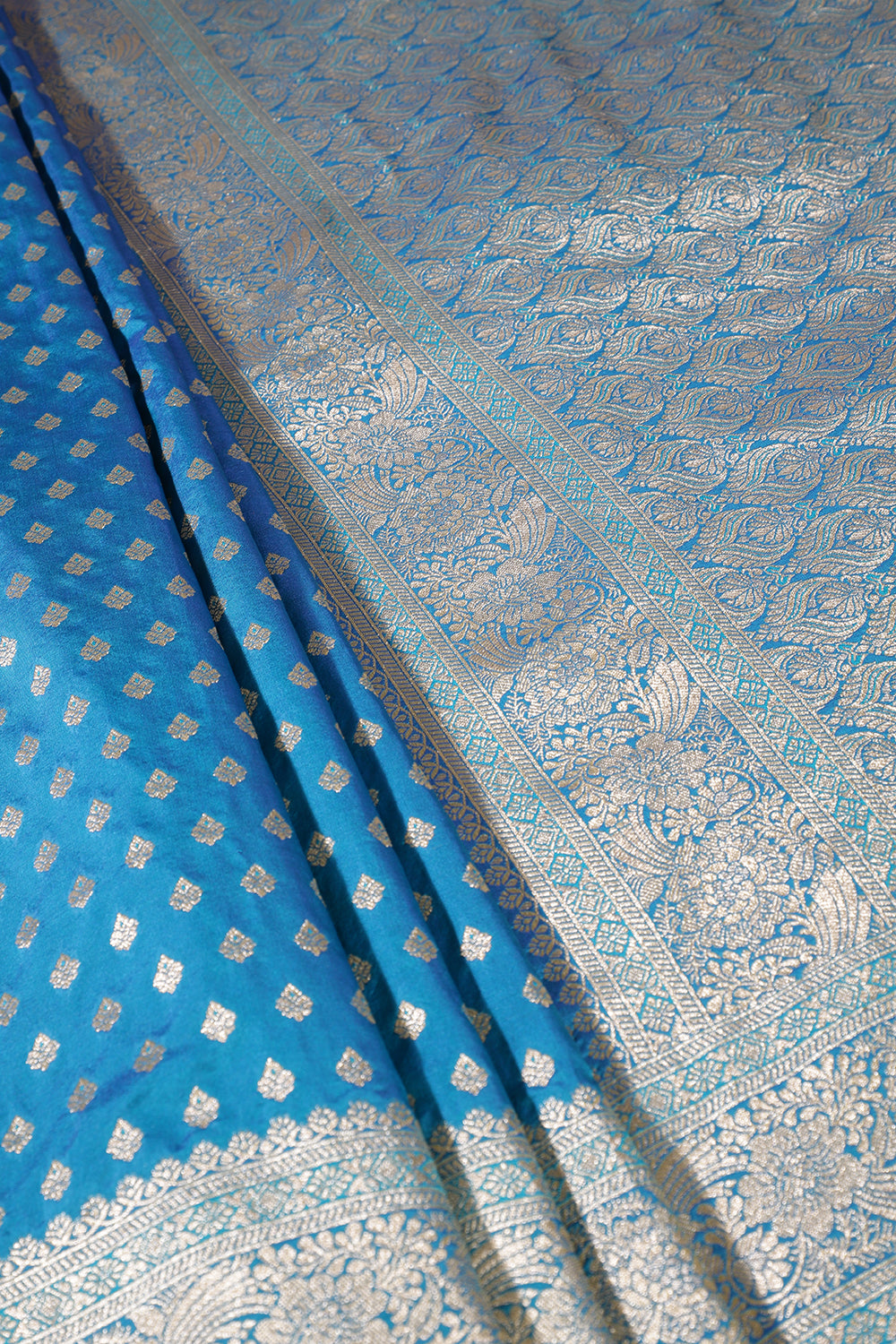 Peacock Blue Silk Zari Buta Woven Saree