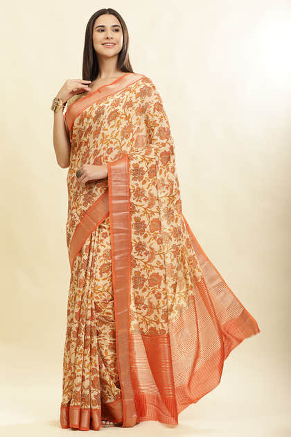 Beige & Orange Cotton Silk Floral Printed Saree