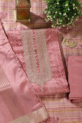 Coral Pink  Tussar Silk Neck Zari Embroidered & Printed Unstitched Suit Fabric